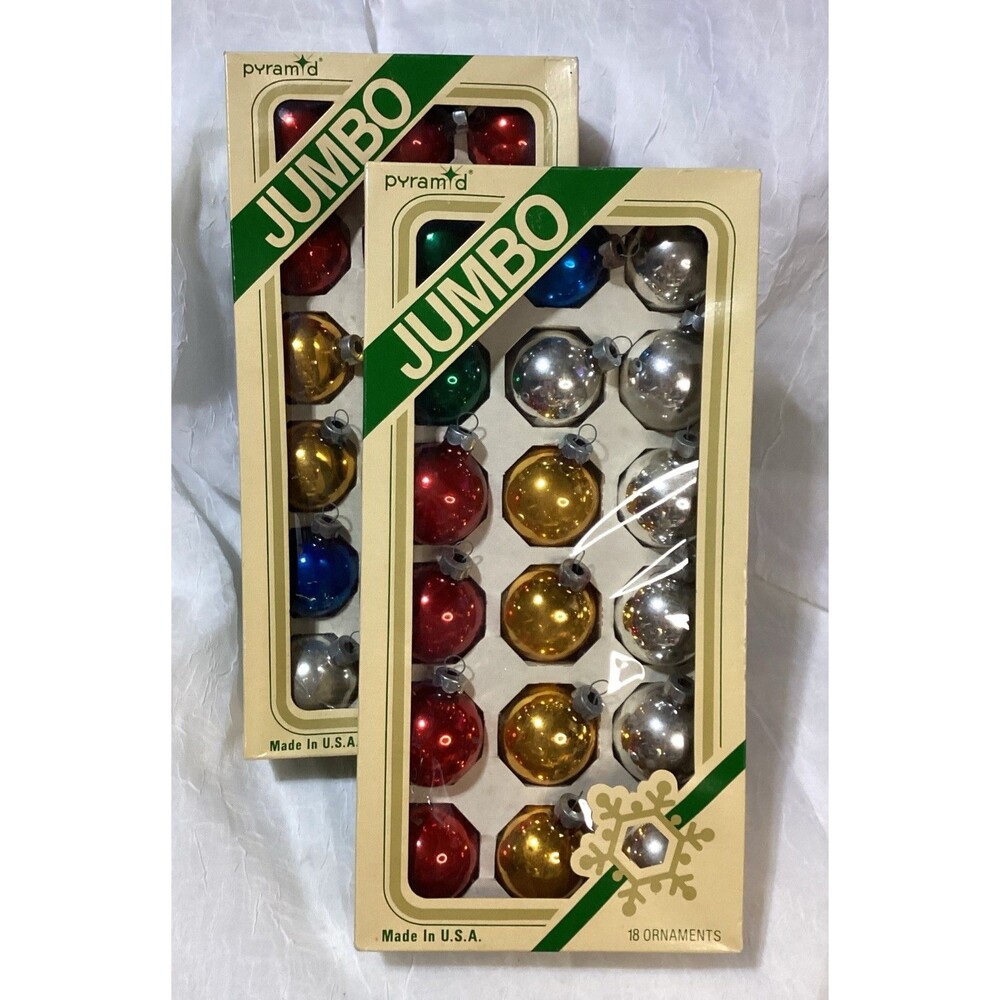Vintage Colored Pyramid Glass Jumbo Christmas Ornaments 2 Boxed Sets 18 / 36 USA